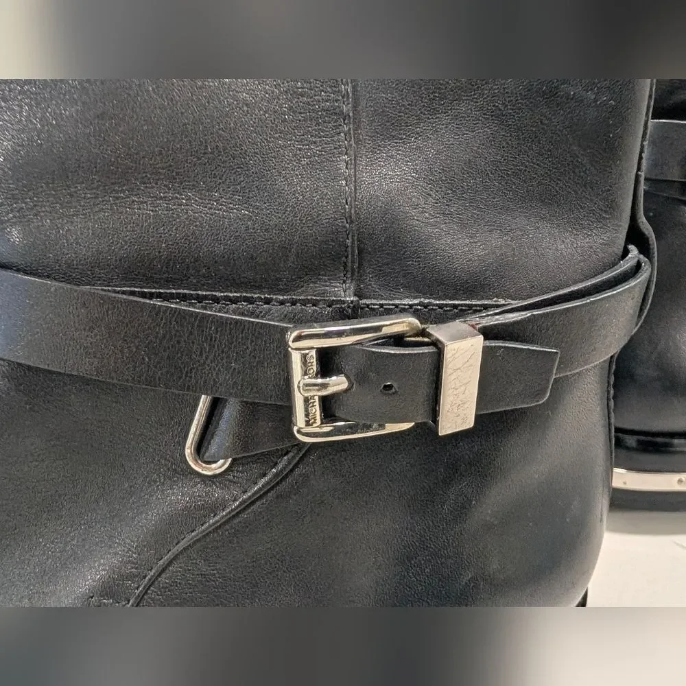 Michael Kors Arley Tall Riding Boots Black Leather Size 7 Silver Hardware Zipper